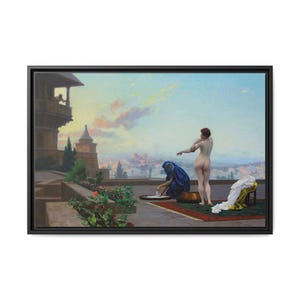 May include: A framed oil painting depicting a terrace scene at sunset. A figure stands nude, while another figure in a blue robe kneels by a basin. The background shows a distant city skyline, stone architecture, and a balcony with a person.