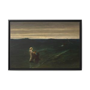 May include: A framed canvas print of a religious painting depicting a figure with a halo in the sea, assisting another person. The dark ocean and sky create a dramatic backdrop, with a boat in the distance. The artwork is framed in a black border.