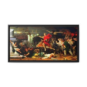 May include: A framed oil painting depicting a historical scene with a central figure in a red cloak riding a horse, surrounded by a chaotic crowd of people in various states of distress, with a dark, stormy sky and a classical stone pillar.
