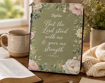 Sage Green Bible Cover Case, 2 Timothy 4 17 Verse Floral Bible Bag with Zipper Handle, Christian Gift Women, Custom Peony Scripture Sleeve