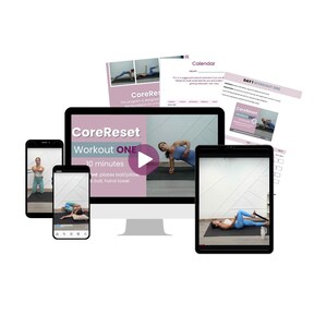May include: A digital fitness product display featuring a desktop computer, two smartphones, and a tablet, all displaying workout videos. The computer screen shows "CoreReset Workout ONE" with a play button. Accompanying print materials are also visible.