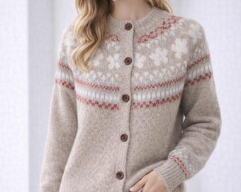 Cardigan en tricot pour femme : pull imprimé à manches longues et col rond, veste élégante à mailles ouvertes pour l'automne et l'hiver