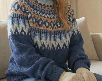 Suéter nórdico extragrande de punto bicolor: jersey de poliéster suave para otoño e invierno.