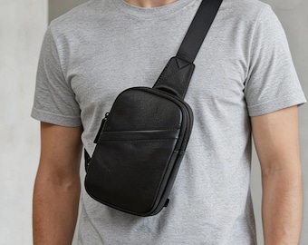 Męska czarna skórzana torba na ramię – minimalistyczna torba na klatkę piersiową, mała torba na ramię EDC, podróżna saszetka na telefon i niezbędne drobiazgi