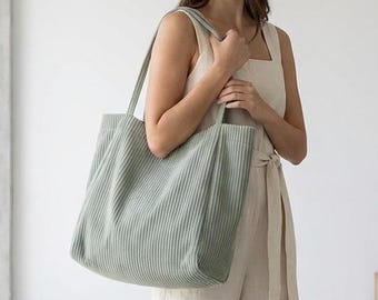 Minimalistyczna torba z kordu, duża torba na ramię z prążkowanego materiału, estetyczna torebka z miękkiej tkaniny, codzienna torba na zakupy, ekologiczny, wielokrotnego użytku