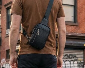 Skórzana torba piersiowa EDC dla mężczyzn – minimalistyczna torba na ramię, kompaktowa saszetka na telefon, torba podróżna na ramię, streetwearowa torba na co dzień