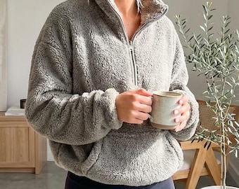 Bluza z polaru z zamkiem błyskawicznym do połowy dla kobiet | Przytulny sweter na jesień i zimę | Ciepły, swobodny top ze stójką