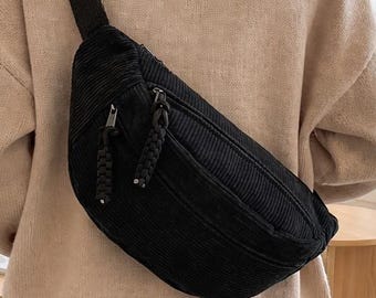 Torebka biodrowa vintage z kordu dla kobiet, minimalistyczna saszetka typu crossbody, torba na ramię z regulowanym paskiem, torba podróżna o dużej pojemności