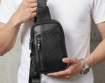 Męska skórzana torba na klatkę piersiową – minimalistyczna saszetka na telefon, mała, swobodna torba na ramię do codziennego użytku