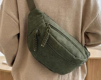 Torebka biodrowa vintage z kordu dla kobiet, minimalistyczna saszetka typu crossbody, torba na ramię z regulowanym paskiem, torba podróżna o dużej pojemności