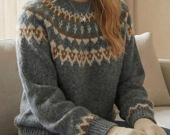 Przytulny, obszerny, dwukolorowy sweter w stylu nordyckim – miękki, poliestrowy sweter na jesień i zimę