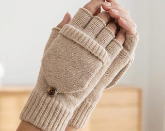 Damskie, składane rękawiczki bez palców z klapką – przytulne, dzianinowe rękawiczki bez palców zapewniające ciepło dłoni zimą, rozmiar uniwersalny