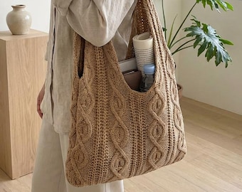 Duża torba dzianinowa z motywem kwiatowym – koreańska szykowna torba na ramię, swobodna torebka plażowa, damska torba świąteczna z dzianiny z kwiatowym wzorem