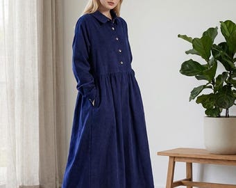 Długa sukienka damska z długim rękawem, ciemnozielona bawełniana sukienka midi, luźna sukienka w kształcie litery A w stylu cottagecore, skromna sukienka na zimę i jesień