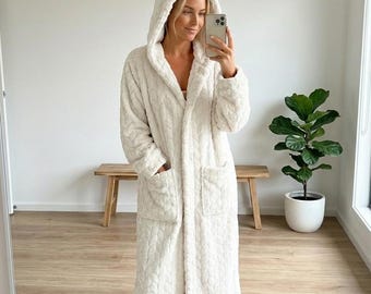 Przytulny damski szlafrok z kapturem i pluszowym polarem – poliestrowy szlafrok kimono na całej długości z kieszeniami, ciepły, obszerny strój domowy