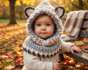 Uroczy dziecięcy kominiarka z uszami zwierząt – ręcznie robiony na drutach kaptur zimowa czapka z podszewką z polaru