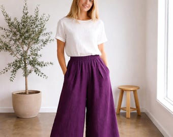 Spodnie lniane z elastycznym pasem i bawełną, luźne spodnie maxi do chodzenia po domu, szerokie spodnie w dużych rozmiarach, długie spodnie domowe na lato i wiosnę