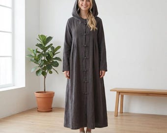 Długa sukienka damska z długim rękawem, ciemnozielona bawełniana sukienka midi, luźna sukienka w kształcie litery A w stylu cottagecore, skromna sukienka na zimę i jesień