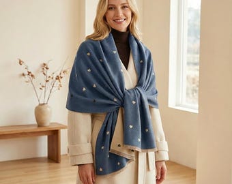 Bufanda reversible con estampado de corazones, suave y cálida, de doble cara, versátil y moderna, de gran tamaño, para mujer.