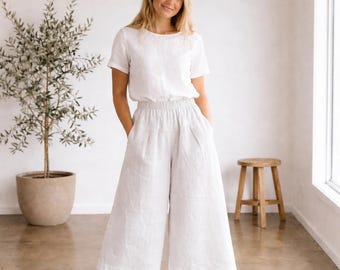 Spodnie lniane z elastycznym pasem i bawełną, luźne spodnie maxi do chodzenia po domu, szerokie spodnie w dużych rozmiarach, długie spodnie domowe na lato i wiosnę