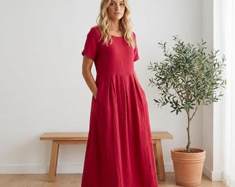 Długa sukienka damska z długim rękawem, ciemnozielona bawełniana sukienka midi, luźna sukienka w kształcie litery A w stylu cottagecore, skromna sukienka na zimę i jesień