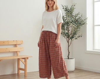 Spodnie damskie w kratę z szerokimi nogawkami, spodnie dresowe z bawełny i lnu, luźne letnie spodnie palazzo, oddychająca odzież domowa Cottagecore