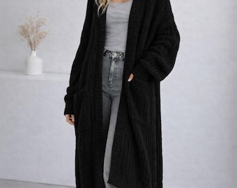 Cárdigan de lana oversize hecho a mano, suéter tipo abrigo acogedor