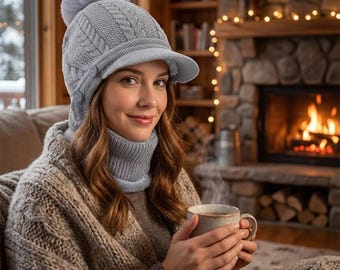 Jersey de punto trenzado de invierno para mujer, gorro, bufanda y mascarilla, forro polar cálido, calentador de orejas, gorro de esquí holgado, protección para el cuello, la cara y las orejas.