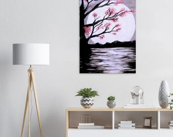 MoonLight Blossom Canvas Art, Pink Floral River Landscape, Night Painting Print