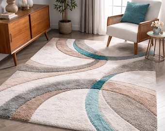 Alfombra abstracta moderna tejida a mano en tonos turquesa, beige y gris. Alfombra contemporánea para sala de estar.