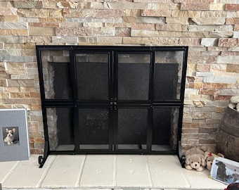 Handcrafted Wrought Iron Fireplace Screen with Sliding Doors – Fire Guard for Children & Pets