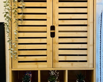 Bamboo Wall Mount Medicine Cabinet with Doors and Adjustable Shelves