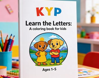 May include: A white coloring book titled "KYP Learn the Letters: A coloring book for kids" with illustrations of two cartoon dogs. The book is for ages 1-5 and is labeled "DIGITAL PRINTS". Crayons and colourful paper are on the wooden table.