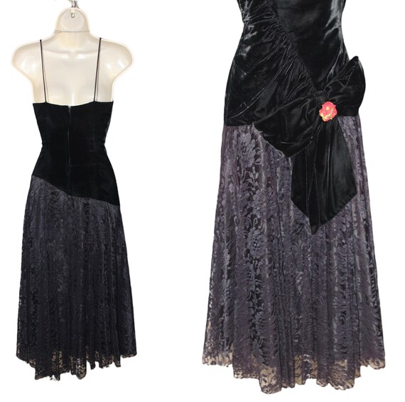 Gorgeous Vintage 80s black velvet and lace rose e… - image 4