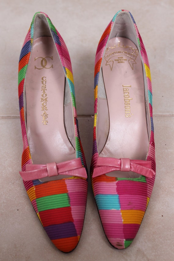 Vintage 60s Shoes, Colorblock, Kitten Heels, Pink… - image 3