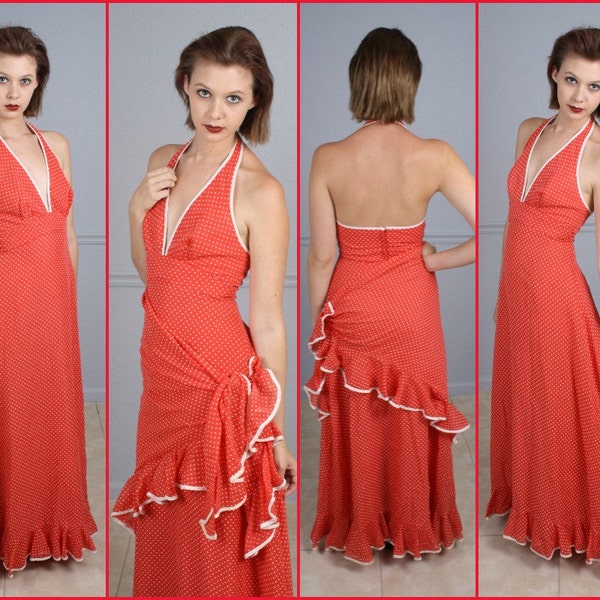 Vintage 60s Dress Deep Plunging Halter Style V Neckline Low Back Ruffled Prairie Fiesta Polka Dot Maxi Miss Elliette Dress with Wrap S M