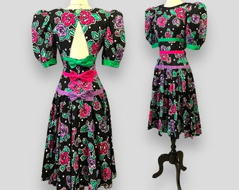 Vintage 80s Colorful Open Bow Back Puff Shoulder Balloon Sleeve Floral Print Party Dress