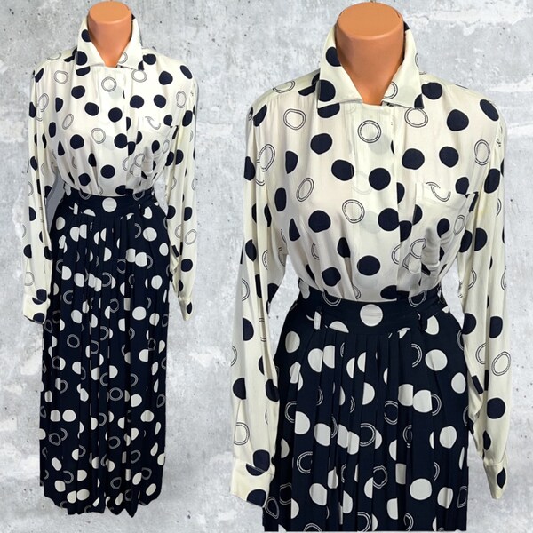 Beautiful Vintage 90s 2 pc Polka Dot Button Down Blouse and Skirt Set