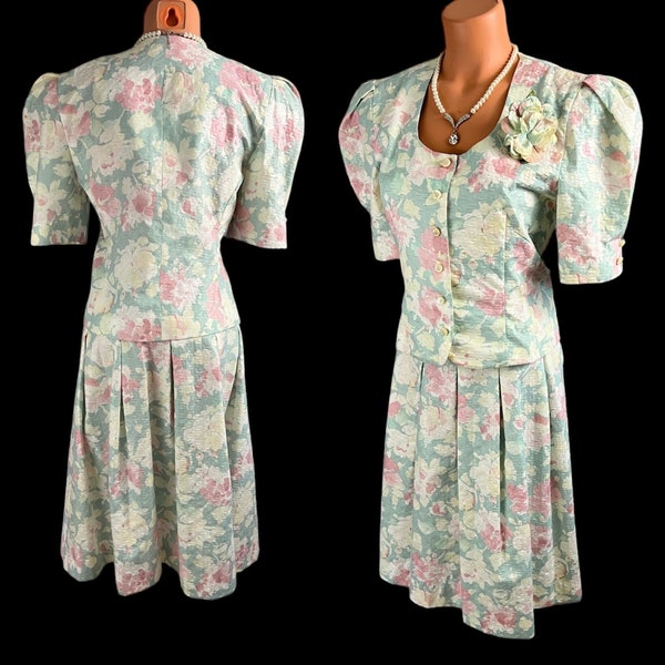 Vintage 80s Joan Sparks for Daniel Barrett 3 piece Pastel Floral Skirt Suit with flower brooch pin