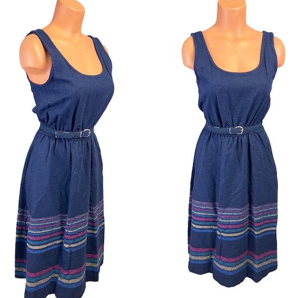 Vintage 60s 70s Blue and Multi Color Striped Border Pullover Elastic Waist Tank Style Belted Dress