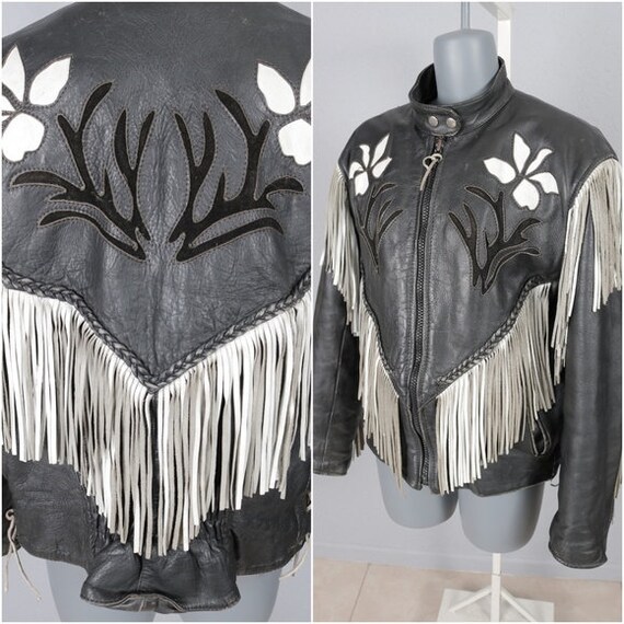 Vintage 80s Black and White Fringe Leather Biker J