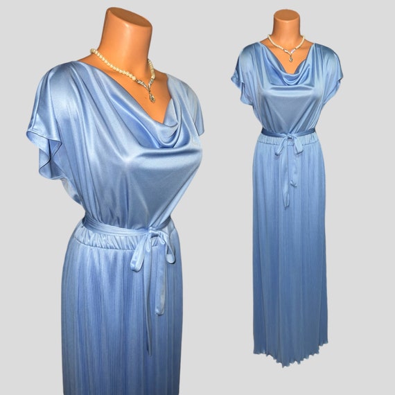 Vintage 70s Blue Bloused Pleated Belted Maxi Dress - image 1