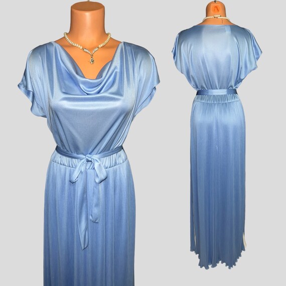 Vintage 70s Blue Bloused Pleated Belted Maxi Dress - image 4