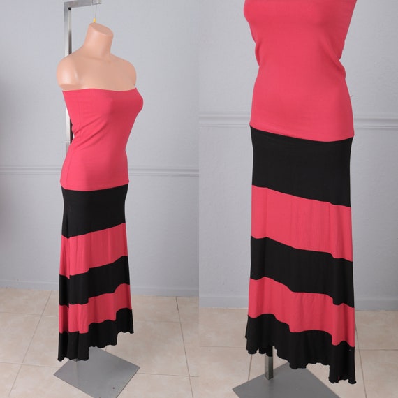 Vintage 80s 90s Stretchy Red and Black Striped St… - image 1