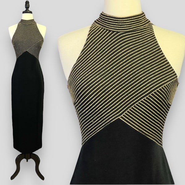 Vintage 80s 90s Black and Gold Metallic Gold and Black Bodycon Cocktail Party Nightclub Dress