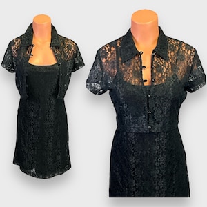 Vintage 80s 2 pc Semi Sheer Black Lace Jacket and Dress