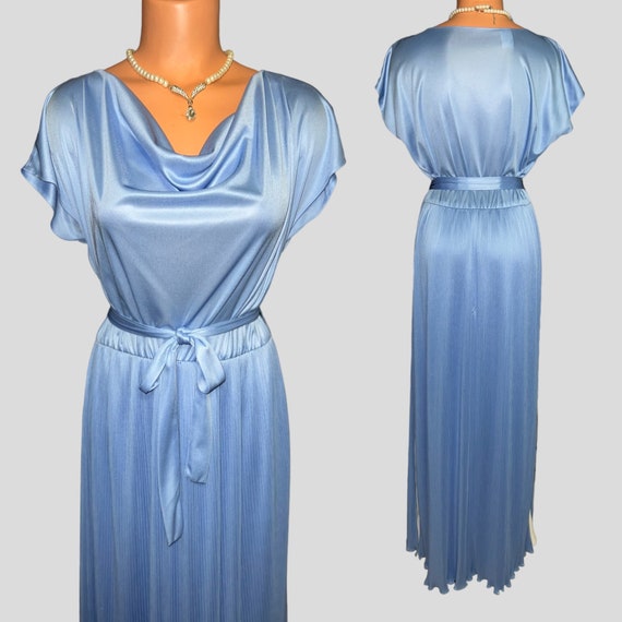 Vintage 70s Blue Bloused Pleated Belted Maxi Dress - image 2