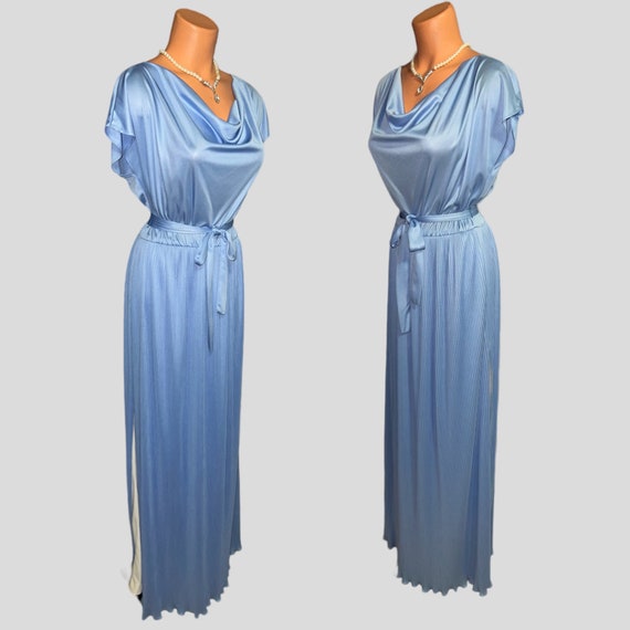 Vintage 70s Blue Bloused Pleated Belted Maxi Dress - image 3