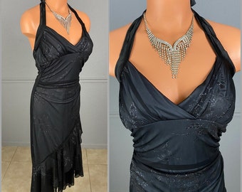 Beautiful Black Vintage 90s semi sheer glittery floral halter style maxi dress with asymmetrical hem