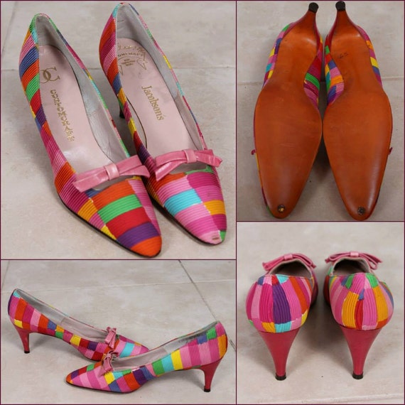 Vintage 60s Shoes, Colorblock, Kitten Heels, Pink… - image 2